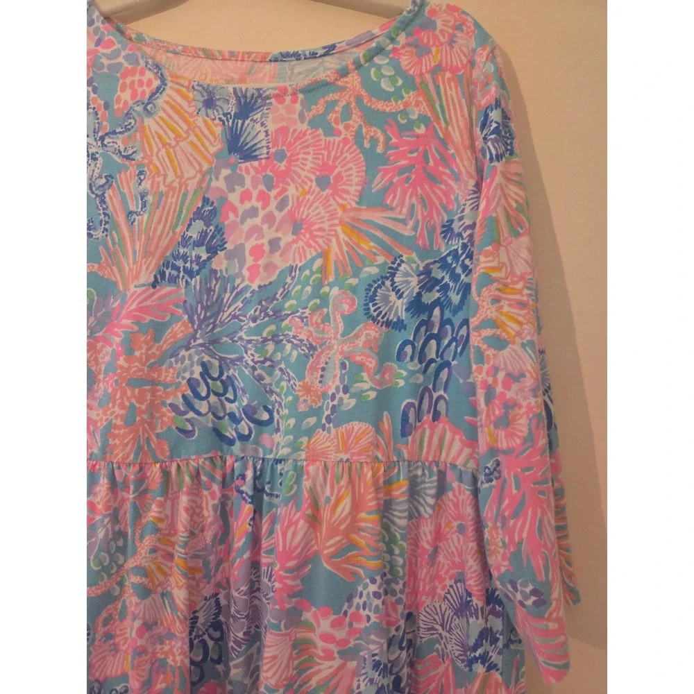 Lilly Pulitzer Girls Tiered Dress Pink Blue Coastal Print Cotton Size L 8-10